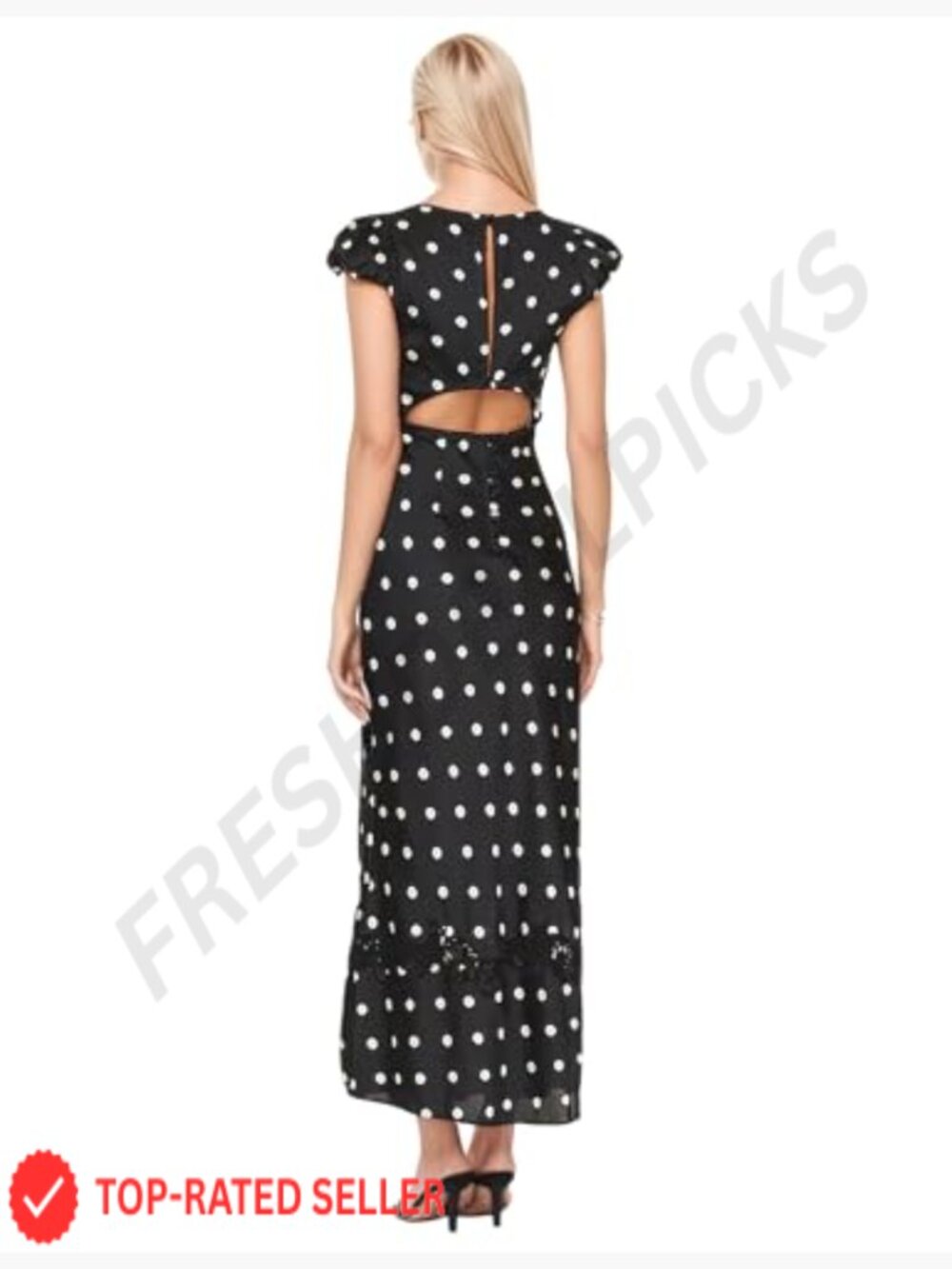 Women Polka Dot Maxi Dress Boho Lace Patchwork A-Line V-Neck Cap Sleeve - Picture 4 of 7